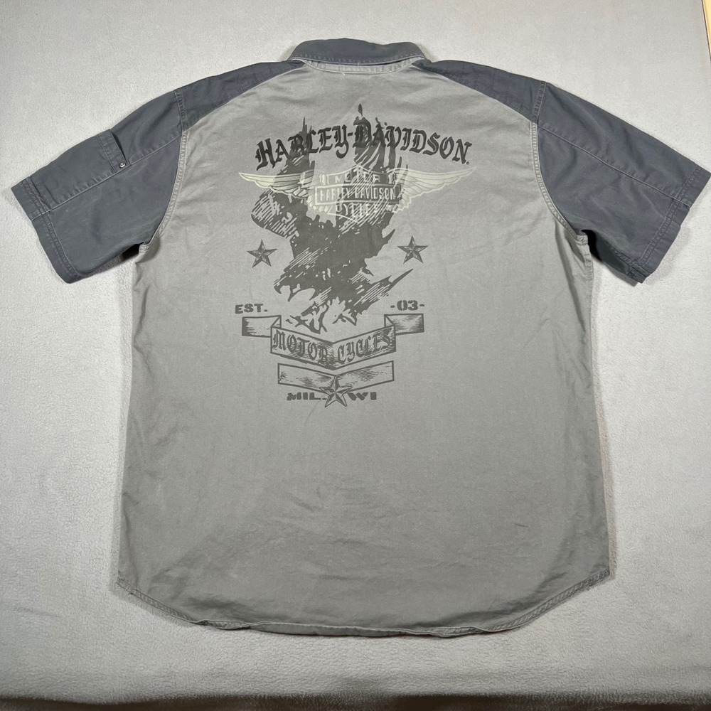 Harley Davidson Mechanics Shirt‎ 2XL Gray Button Down Shadow Eagle Biker Graphic